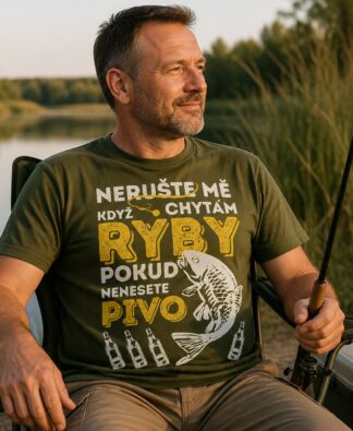 Rybář s prutem u jezera v military zeleném tričku s nápisem Nerušte mě, když chytám ryby, pokud nenesete pivo