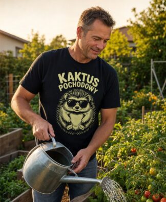 Muž zalévá rajčata na zahradě v černém tričku s motivem Kaktus Pochodowy